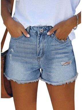 Women's Light Blue High Waisted Denim Stretchy Ripped with Pocket Jean Shorts